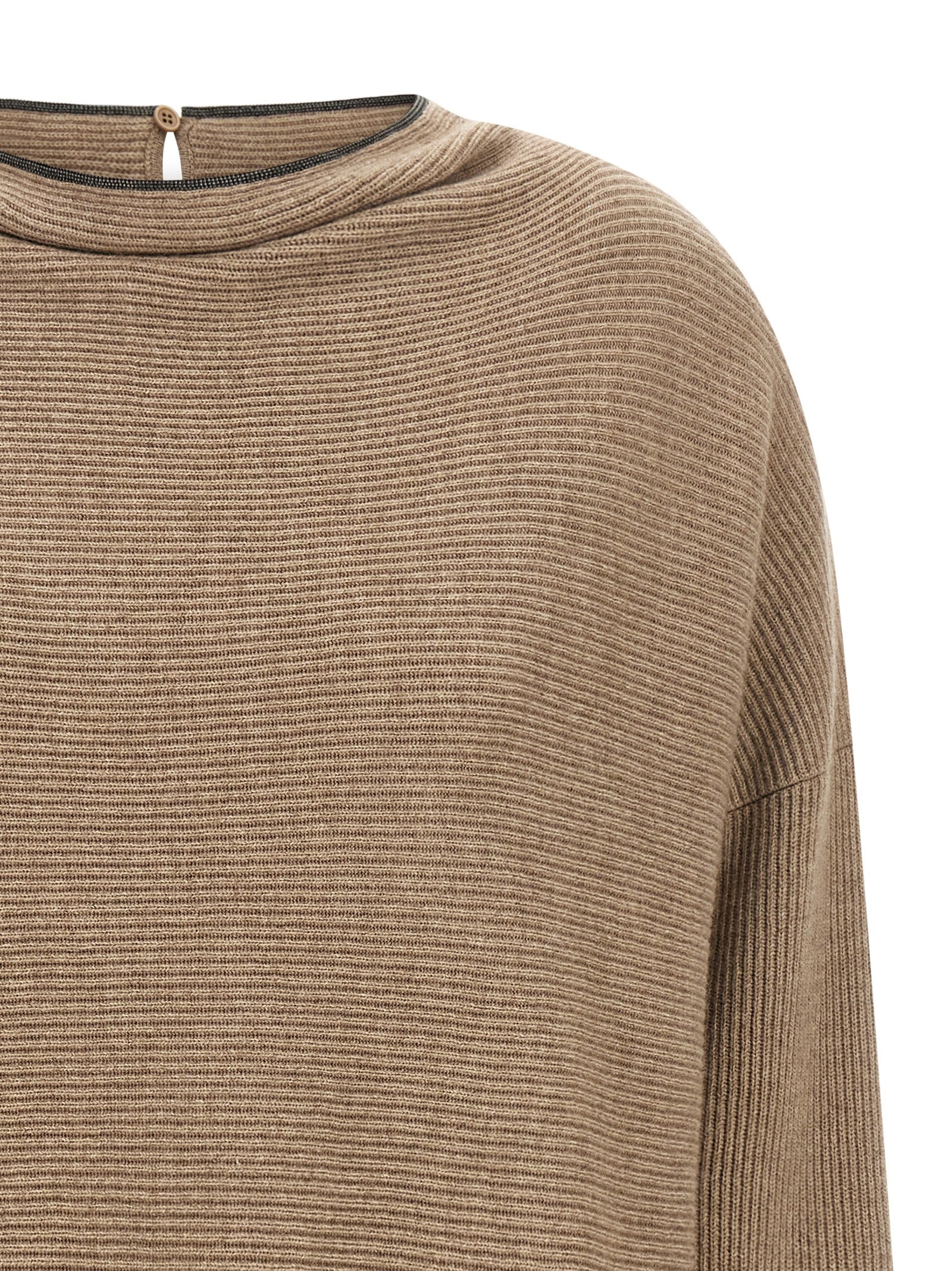 Dress by Brunello Cucinelli for women in silk cashmere virgin wool beige & patterned showcases a striking silhouette, elegantly detailed with a , refined boat neckline, and a striking short mini for a striking finish.