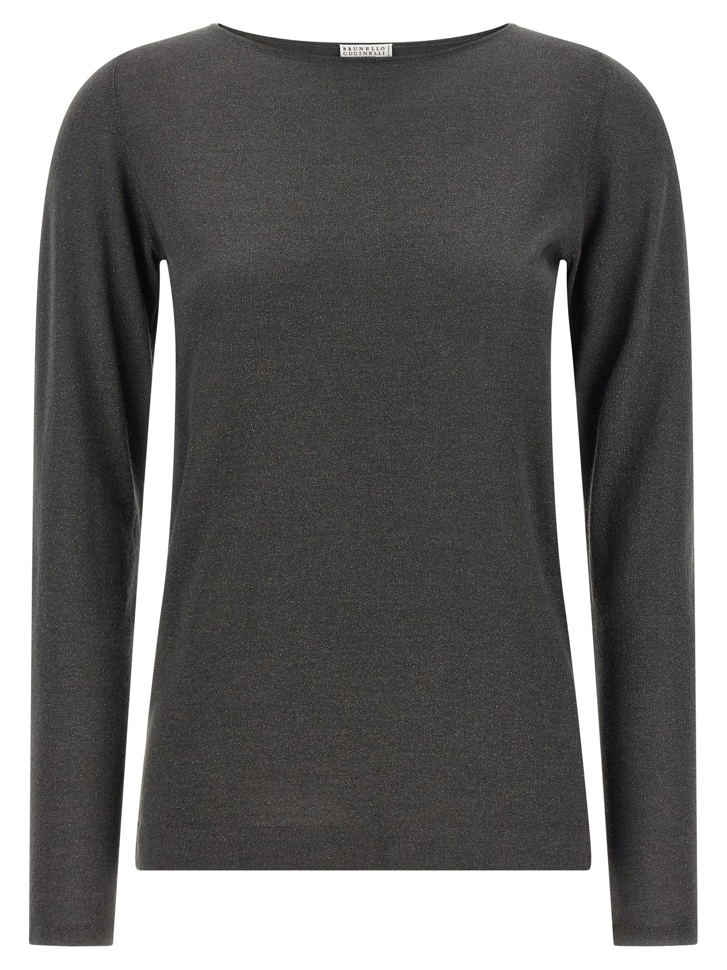 Cardigan by Brunello Cucinelli for women in silk cashmere & polyester gray features an impeccable silhouette, showcasing a sophisticated boat neckline and long-sleeve detail for a truly impeccable finish.