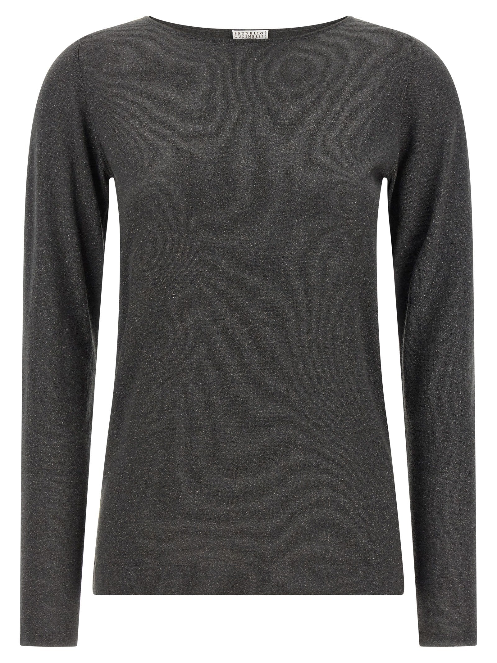 Cardigan by Brunello Cucinelli for women in silk cashmere & polyester gray features an impeccable silhouette, showcasing a sophisticated boat neckline and long-sleeve detail for a truly impeccable finish.