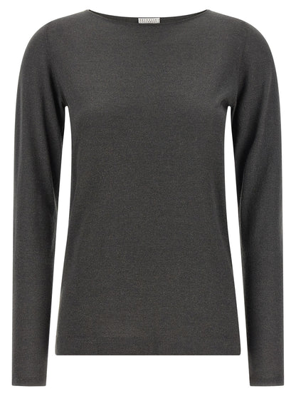 Cardigan by Brunello Cucinelli for women in silk cashmere & polyester gray features an impeccable silhouette, showcasing a sophisticated boat neckline and long-sleeve detail for a truly impeccable finish.