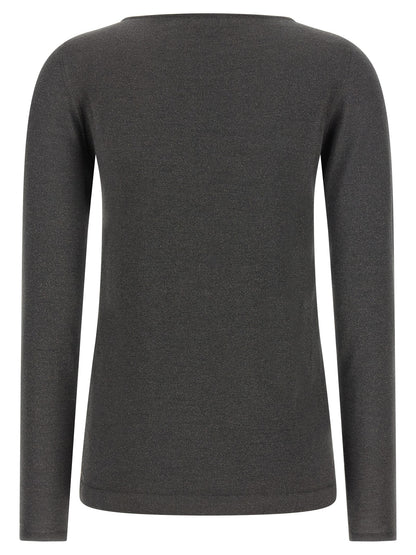 Cardigan by Brunello Cucinelli for women in silk cashmere & polyester gray presents a textural silhouette, artfully finished with a textural boat neckline and for a sophisticated, textural look.