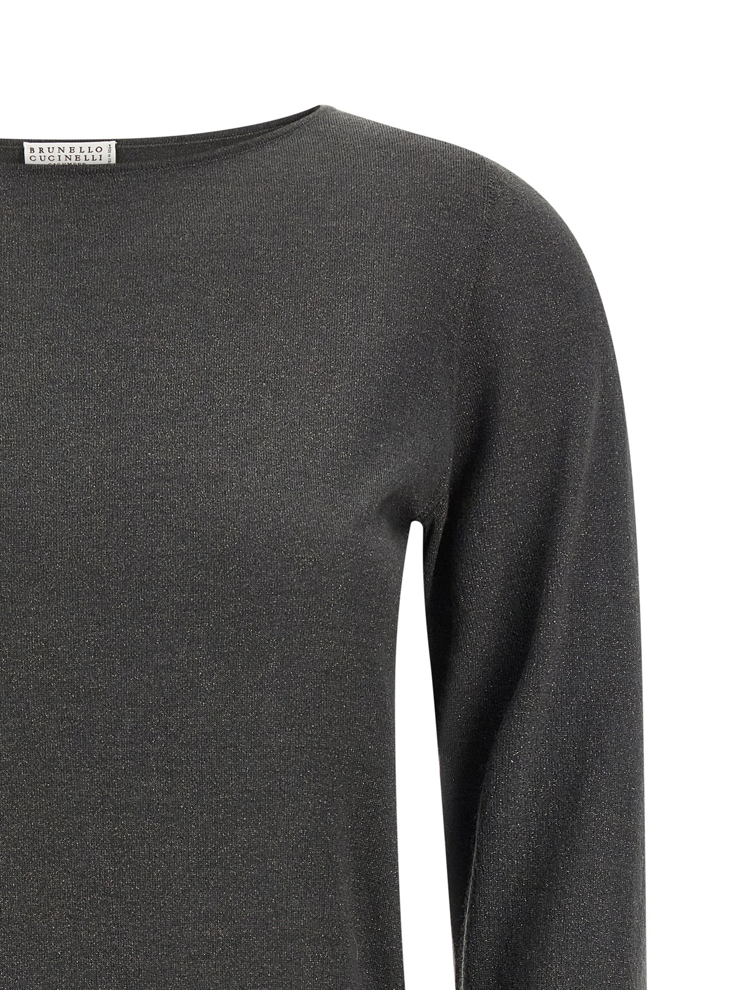 Cardigan by Brunello Cucinelli for women in silk cashmere & polyester gray showcases a luxurious silhouette, meticulously detailed with a sophisticated boat neckline and for a refined finish.