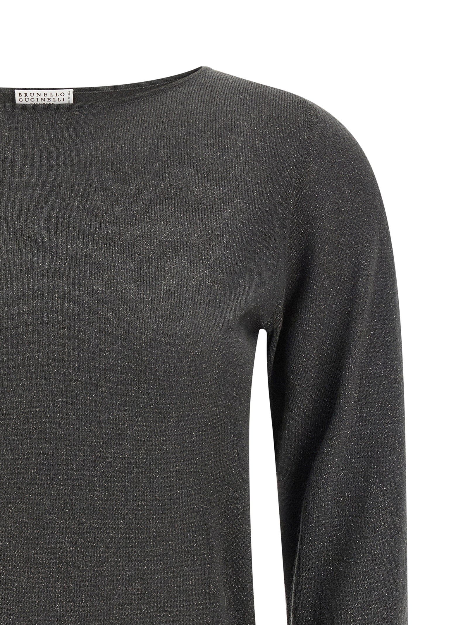 Cardigan by Brunello Cucinelli for women in silk cashmere & polyester gray showcases a luxurious silhouette, meticulously detailed with a sophisticated boat neckline and for a refined finish.