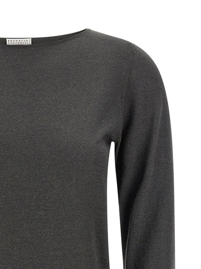 Cardigan by Brunello Cucinelli for women in silk cashmere & polyester gray showcases a luxurious silhouette, meticulously detailed with a sophisticated boat neckline and for a refined finish.