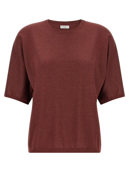 Cardigan by Brunello Cucinelli for women in silk cashmere & polyester bordeaux showcases a captivating silhouette, artfully detailed with a captivating and crew neckline for a truly sophisticated captivating look.
