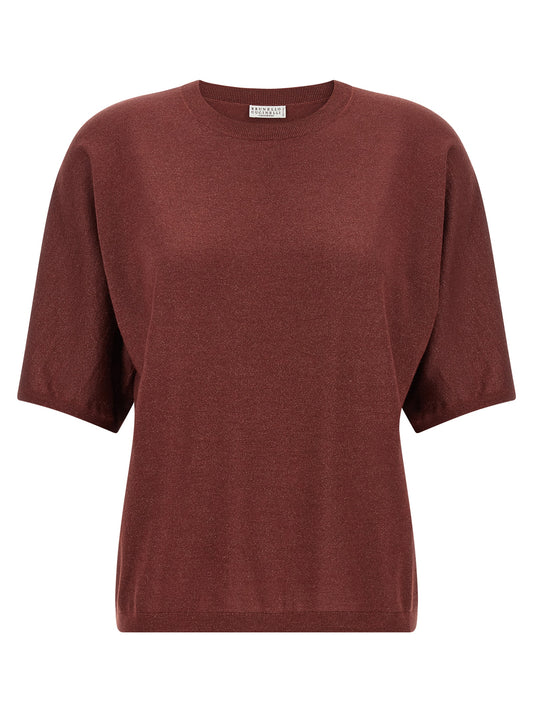 Cardigan by Brunello Cucinelli for women in silk cashmere & polyester bordeaux showcases a captivating silhouette, artfully detailed with a captivating and crew neckline for a truly sophisticated captivating look.