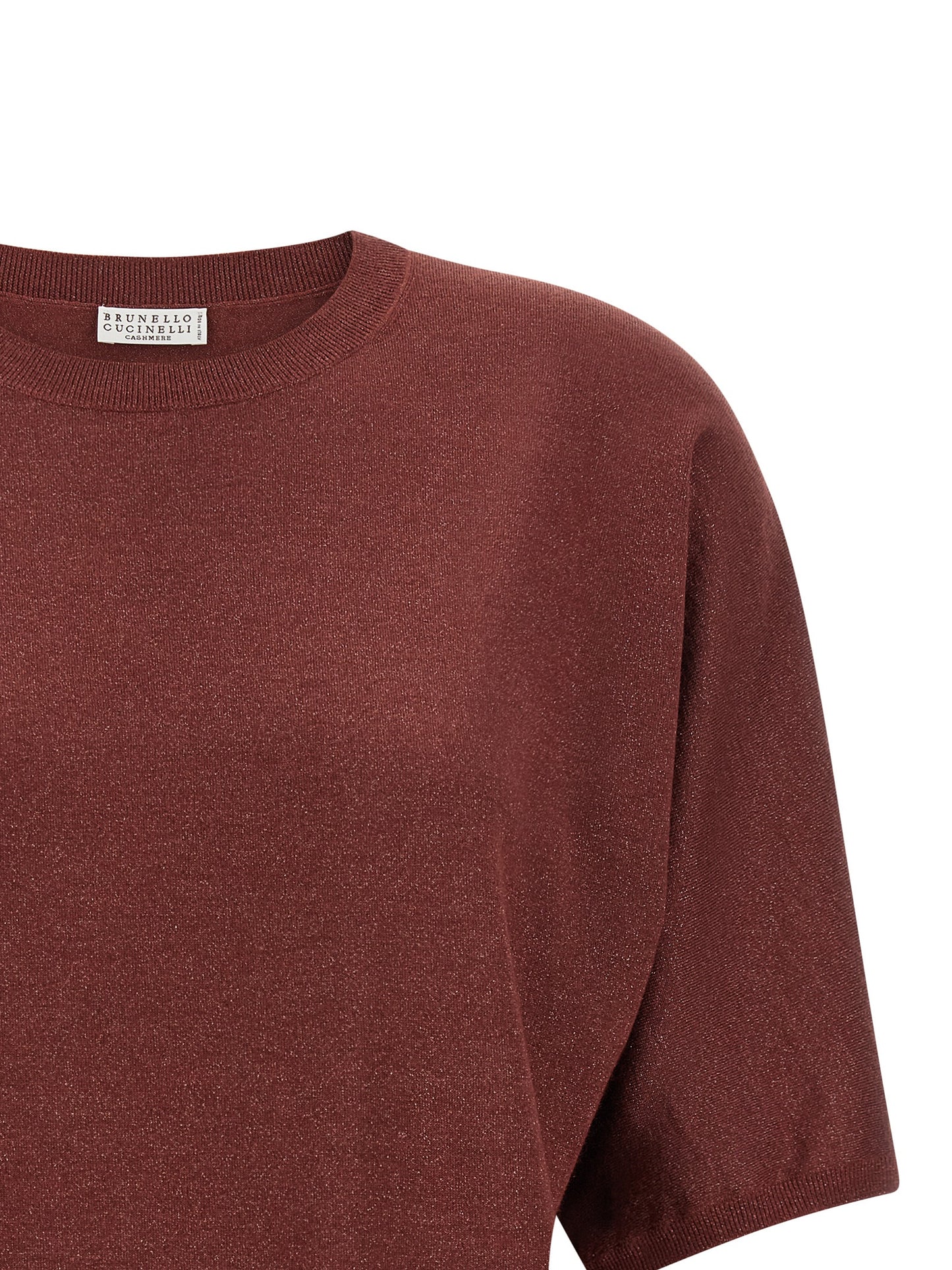 Cardigan by Brunello Cucinelli for women in silk cashmere & polyester bordeaux showcases a luxurious silhouette, meticulously detailed with a sophisticated crew neckline and for a refined finish.