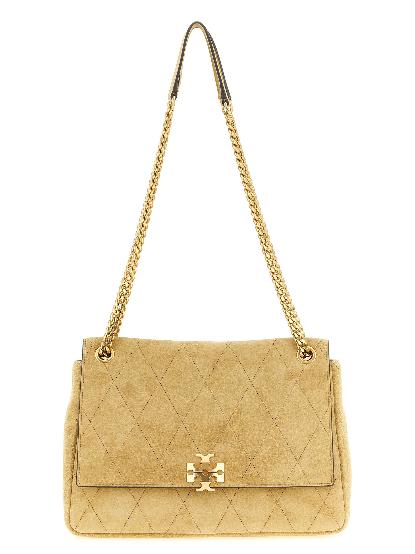 Medium Shoulder Flap Bag by Tory Burch for women in suede calfskin leather beige features a enviable silhouette, showcasing a secure flap & magnetic, ample , and enviable shoulder-strap for a enviable finish.