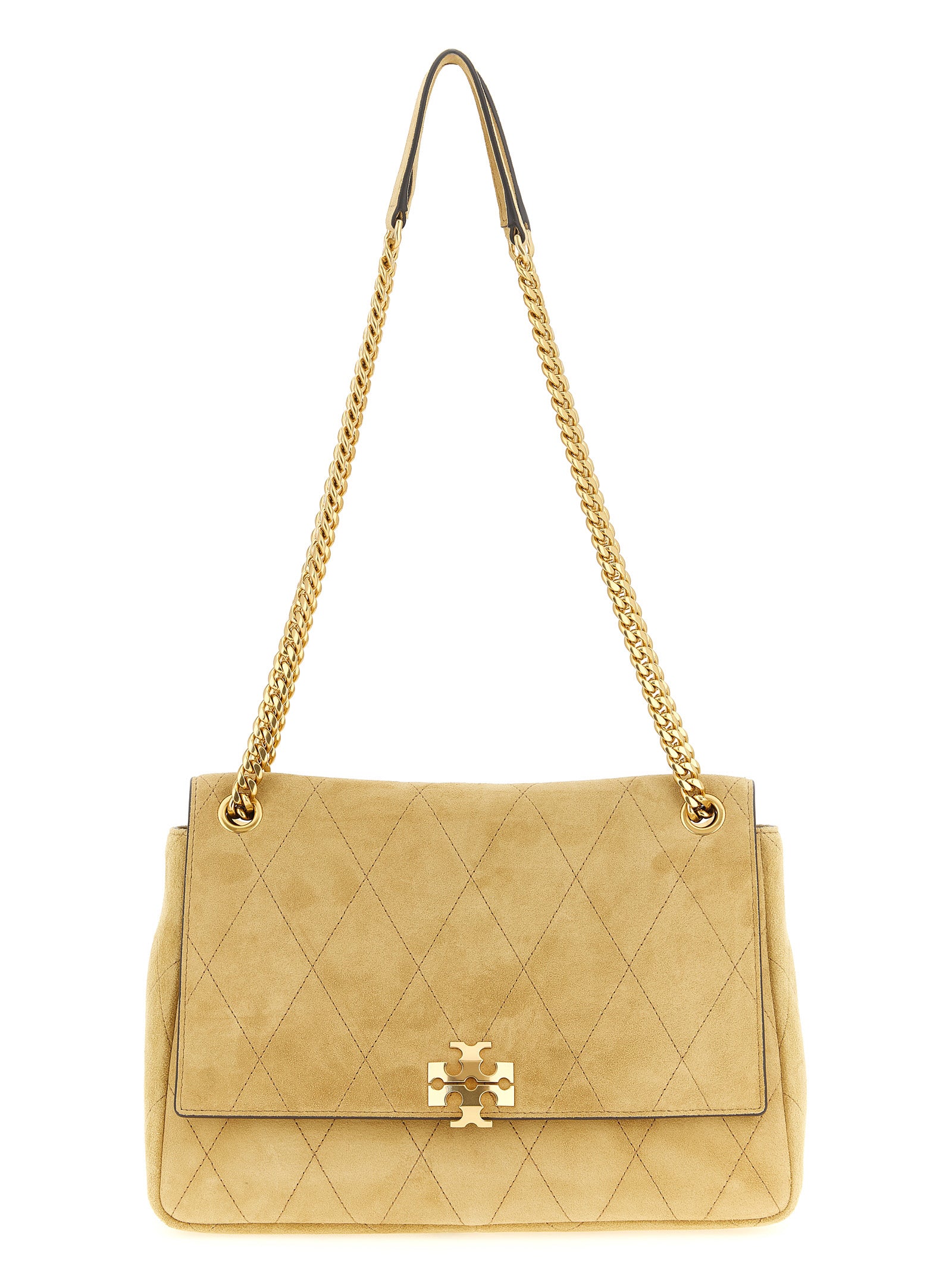 Medium Shoulder Flap Bag by Tory Burch for women in suede calfskin leather beige features a enviable silhouette, showcasing a secure flap & magnetic, ample , and enviable shoulder-strap for a enviable finish.