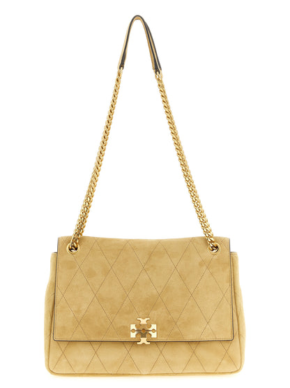 Medium Shoulder Flap Bag by Tory Burch for women in suede calfskin leather beige features a enviable silhouette, showcasing a secure flap & magnetic, ample , and enviable shoulder-strap for a enviable finish.