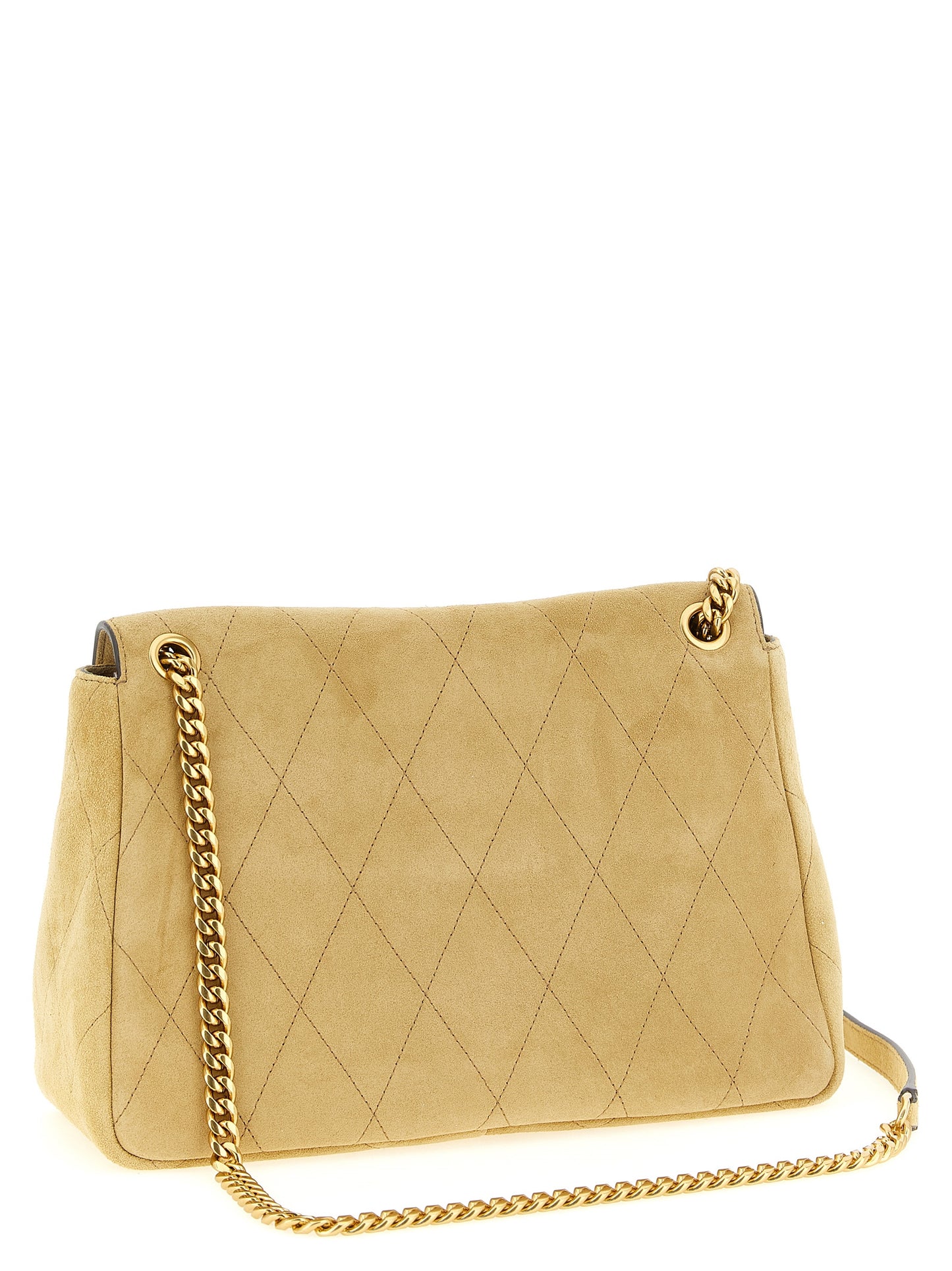 Medium Shoulder Flap Bag by Tory Burch for women in suede calfskin leather beige showcases a enviable silhouette, artfully detailed with a secure flap & magnetic, organized , and versatile shoulder-strap for a enviable look.