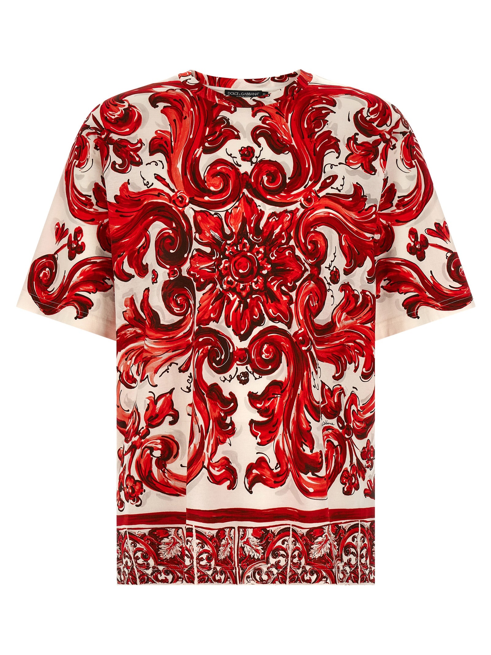 T-Shirt by Dolce & Gabbana for men in cotton multicolor, red & print showcases a fashionable silhouette, elegantly detailed with a fashionable short-sleeve and crew neckline for a sophisticated, high-fashion look.