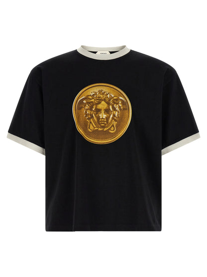 T-Shirt by Versace for men in cotton black & print showcases a fashionable silhouette, elegantly detailed with a fashionable short-sleeve and crew neckline for a sophisticated, high-fashion look.