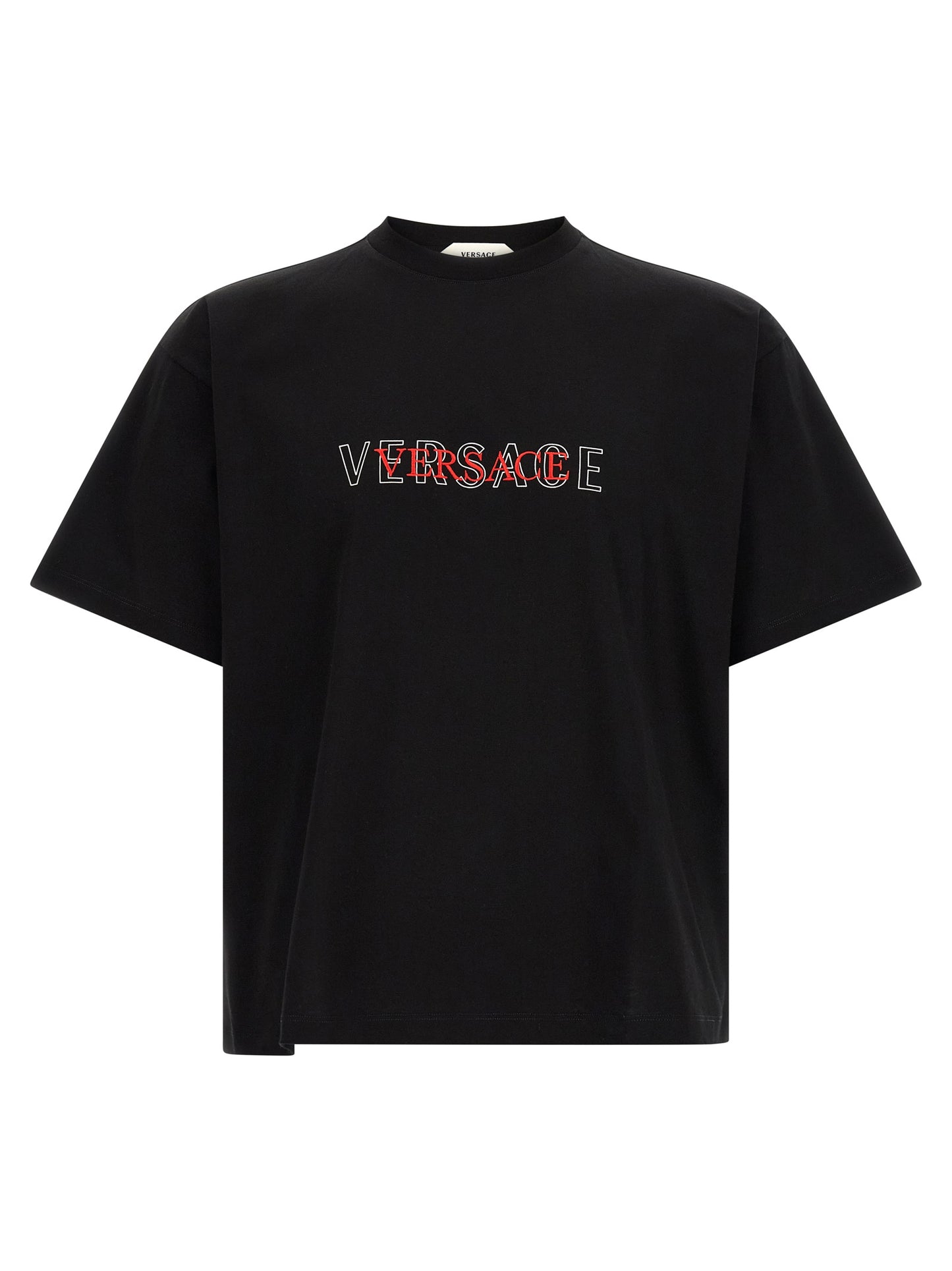 T-Shirt by Versace for men in cotton black showcases a fashionable silhouette, elegantly detailed with a fashionable and crew neckline for a sophisticated, high-fashion look.