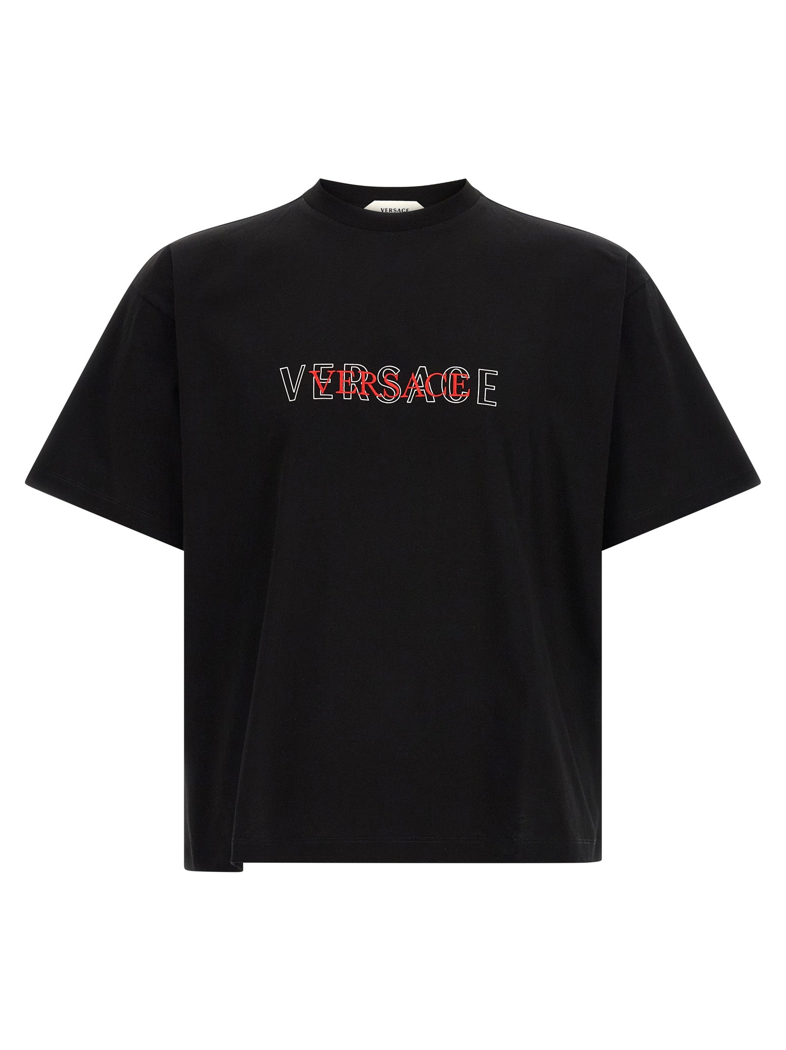 T-Shirt by Versace for men in cotton black showcases a fashionable silhouette, elegantly detailed with a fashionable and crew neckline for a sophisticated, high-fashion look.