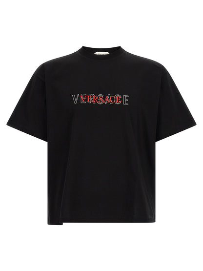 T-Shirt by Versace for men in cotton black showcases a fashionable silhouette, elegantly detailed with a fashionable and crew neckline for a sophisticated, high-fashion look.
