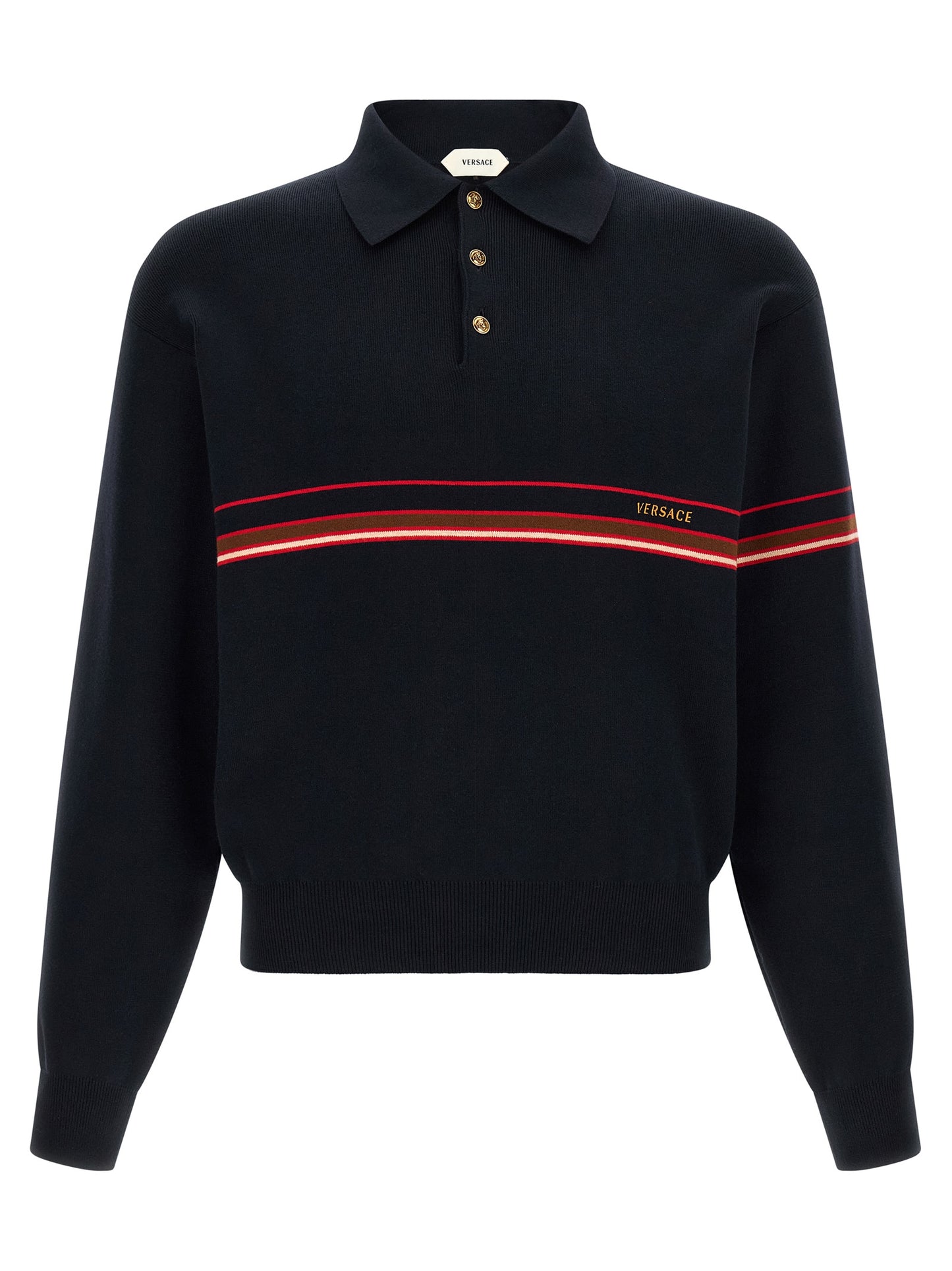 Polo Shirt by Versace for men in cotton blue & striped showcases a enviable silhouette, featuring a refined and long-sleeve for a enviable finish.