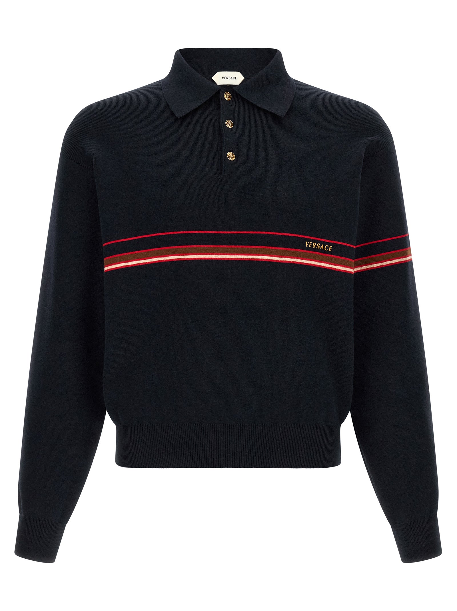 Polo Shirt by Versace for men in cotton blue & striped showcases a enviable silhouette, featuring a refined and long-sleeve for a enviable finish.