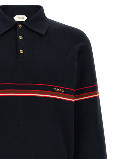 Polo Shirt by Versace for men in cotton blue & striped presents a crisp silhouette, artfully detailed with a crisp and crisp .