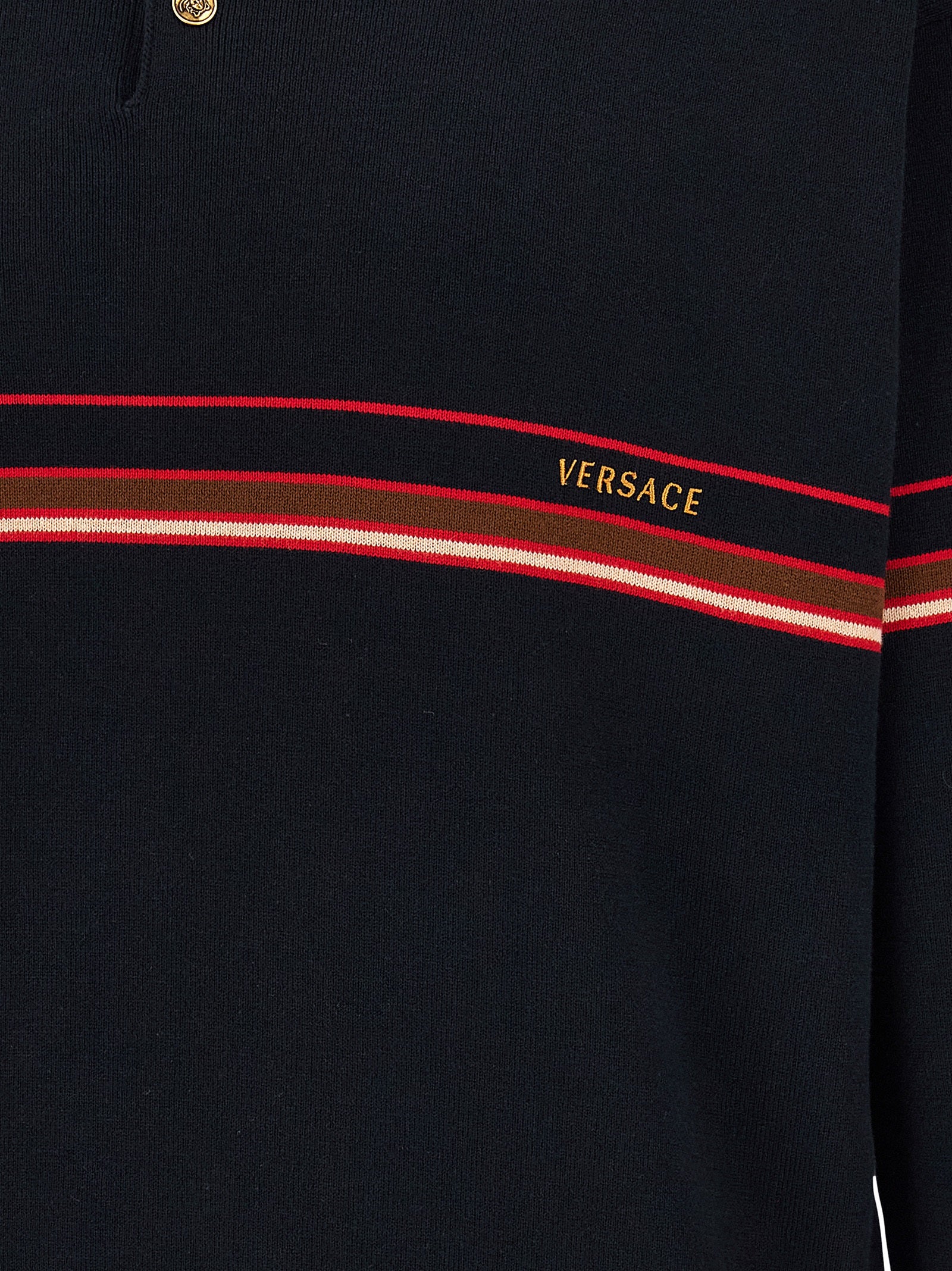 Polo Shirt by Versace for men in cotton blue & striped features a eye catching silhouette, showcasing a refined and for a eye catching finish.