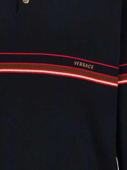 Polo Shirt by Versace for men in cotton blue & striped features a eye catching silhouette, showcasing a refined and for a eye catching finish.