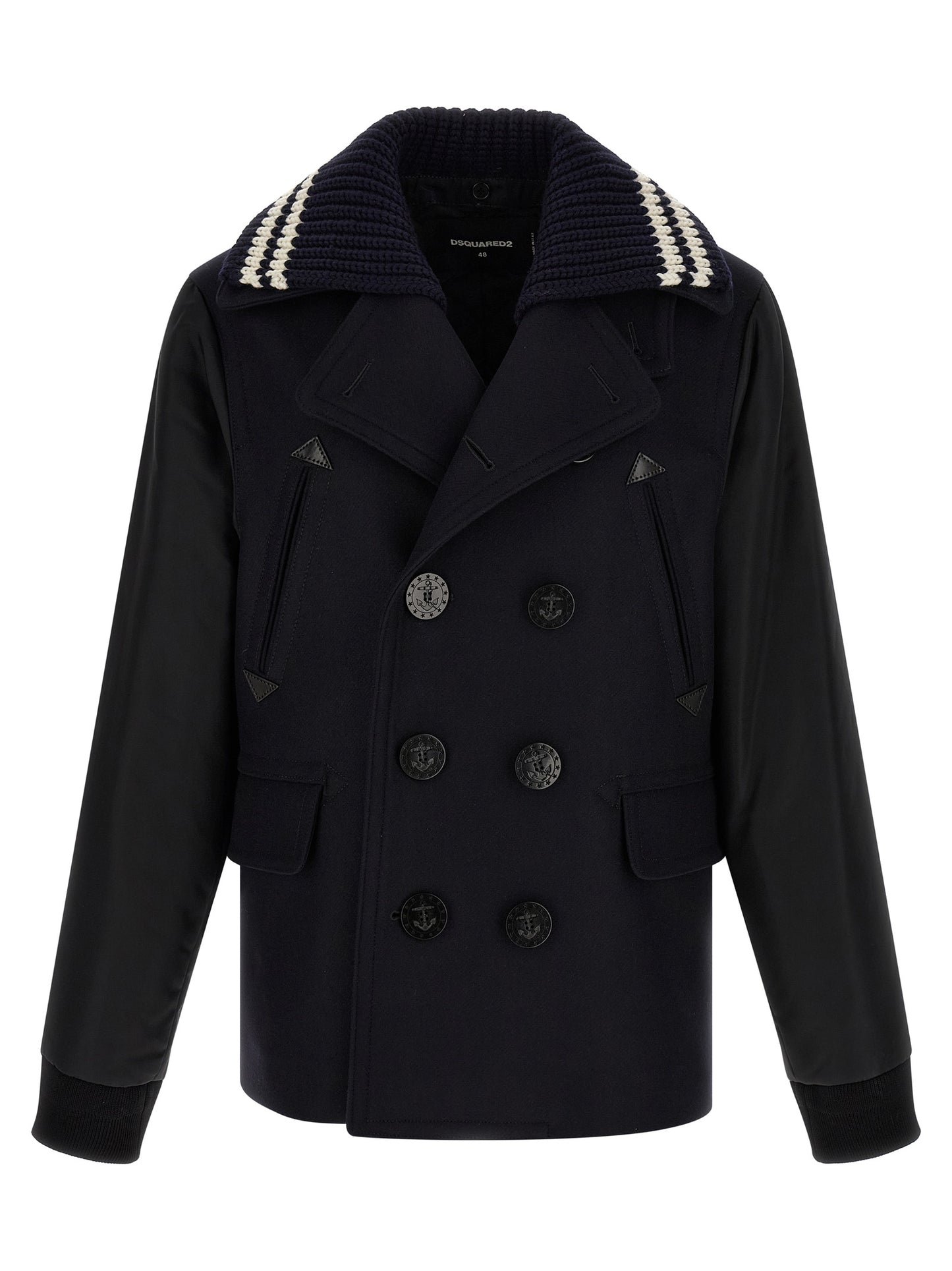This Pea Coat by Dsquared² for men in stretch nylon & wool and blue showcases a on trend silhouette, detailed with a on trend split lapel neckline and distinctive .