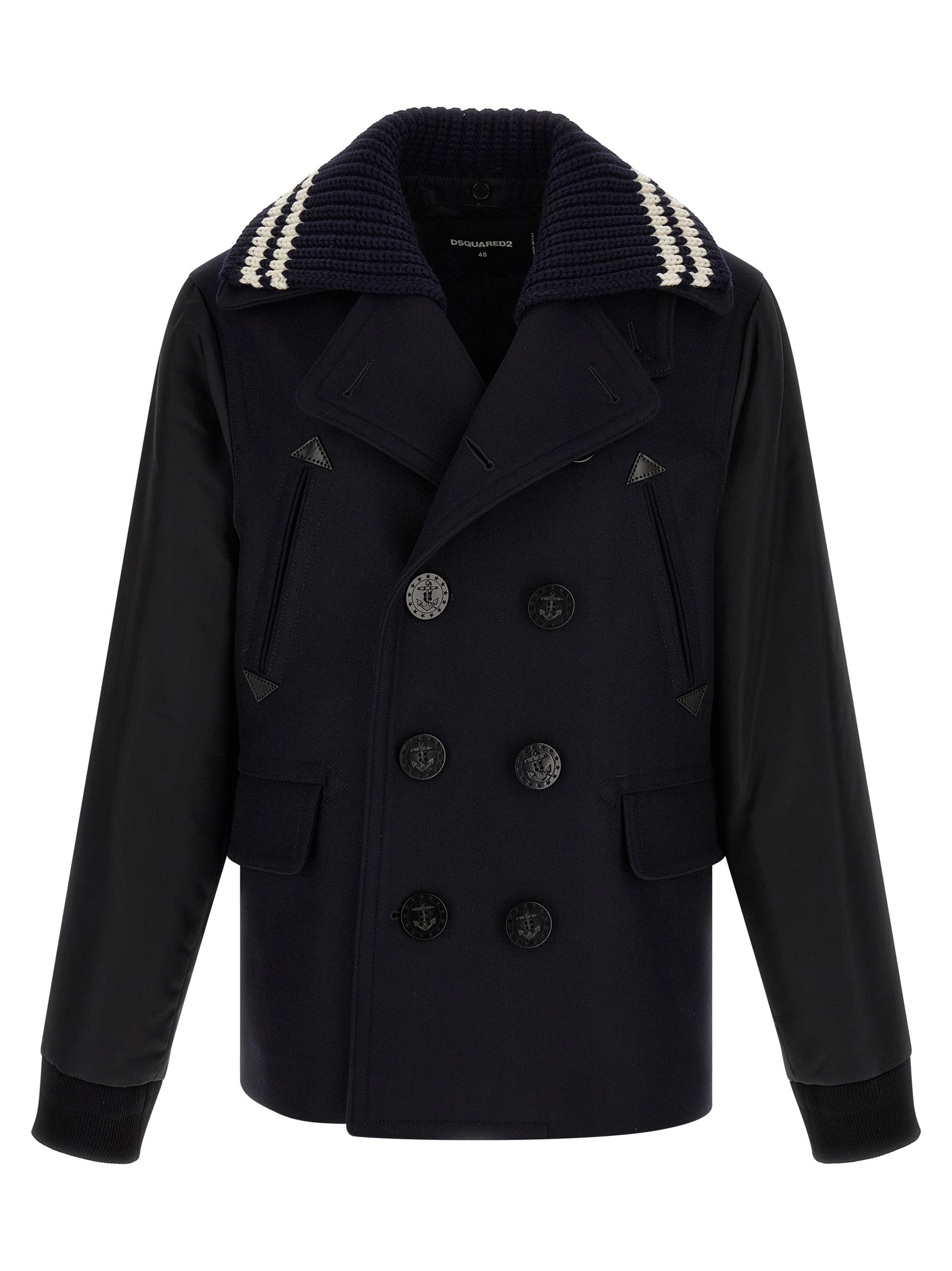 This Pea Coat by Dsquared² for men in stretch nylon & wool and blue showcases a on trend silhouette, detailed with a on trend split lapel neckline and distinctive .