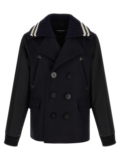 This Pea Coat by Dsquared² for men in stretch nylon & wool and blue showcases a on trend silhouette, detailed with a on trend split lapel neckline and distinctive .