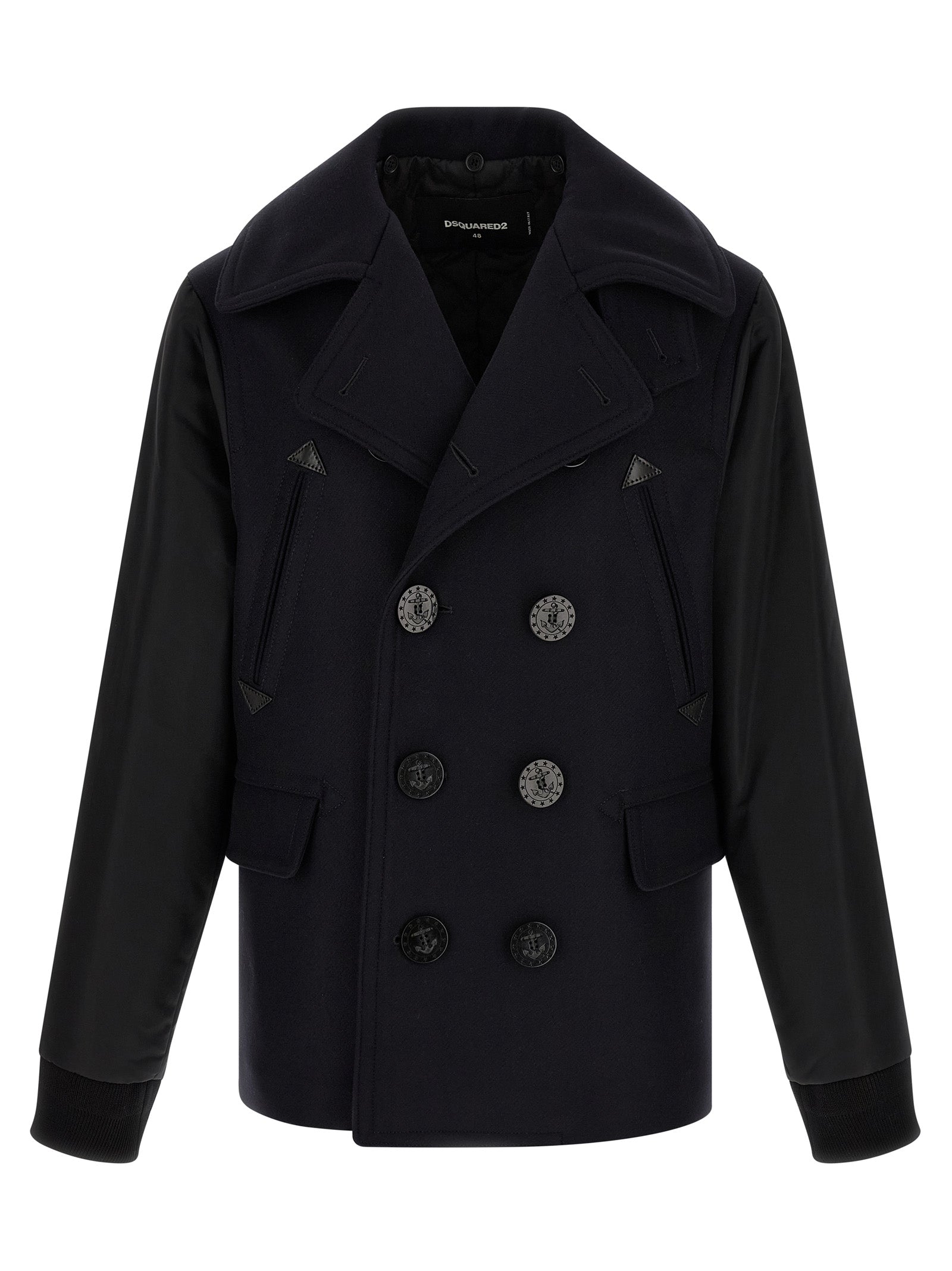 Pea Coat by Dsquared² for men in stretch nylon & wool blue features an time honoured silhouette, showcasing refined and a sophisticated split lapel neckline for an time honoured aesthetic.