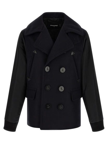 Pea Coat by Dsquared² for men in stretch nylon & wool blue features an time honoured silhouette, showcasing refined and a sophisticated split lapel neckline for an time honoured aesthetic.