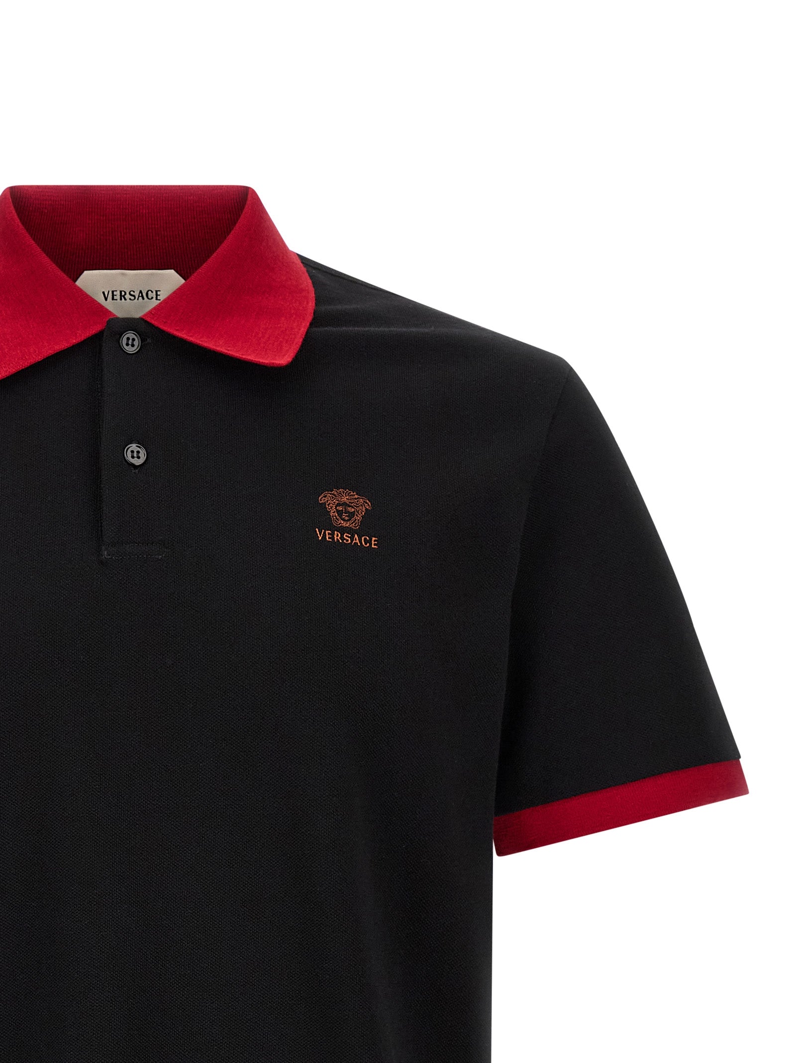 Polo Shirt by Versace for men in cotton black showcases a sharp silhouette, detailed with a refined and sharp for a sophisticated finish.