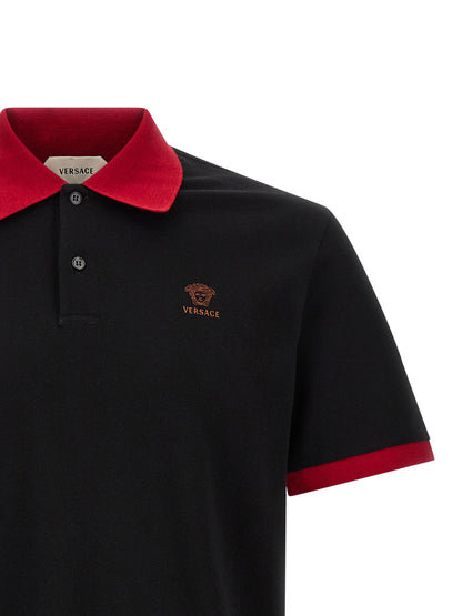Polo Shirt by Versace for men in cotton black showcases a sharp silhouette, detailed with a refined and sharp for a sophisticated finish.