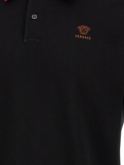 Polo Shirt by Versace for men in cotton black presents a sleek silhouette, featuring a refined and for a sleek finish.