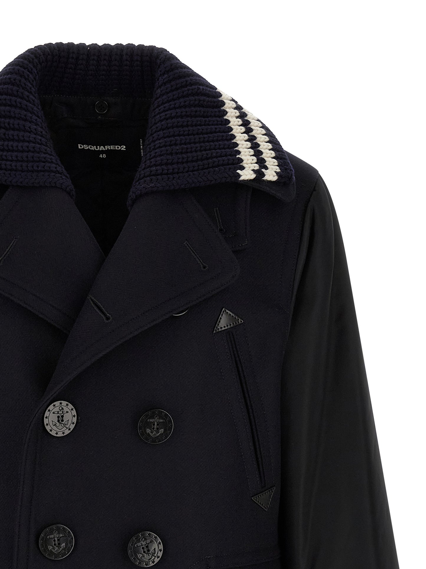 Pea Coat by Dsquared² for men in stretch nylon & wool blue features a captivating silhouette detailed with a captivating split lapel neckline and functional for a polished look.