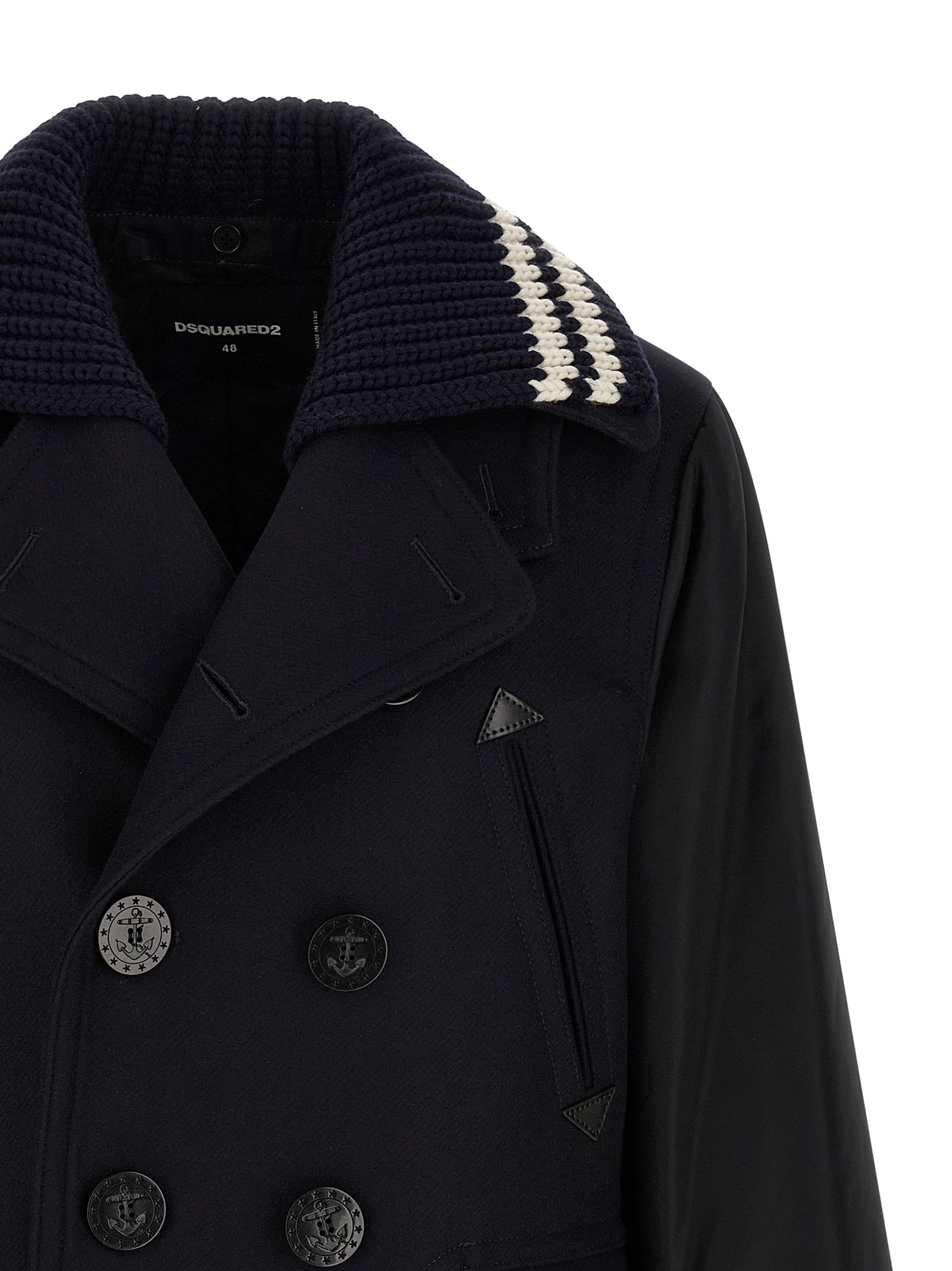 Pea Coat by Dsquared² for men in stretch nylon & wool blue features a captivating silhouette detailed with a captivating split lapel neckline and functional for a polished look.
