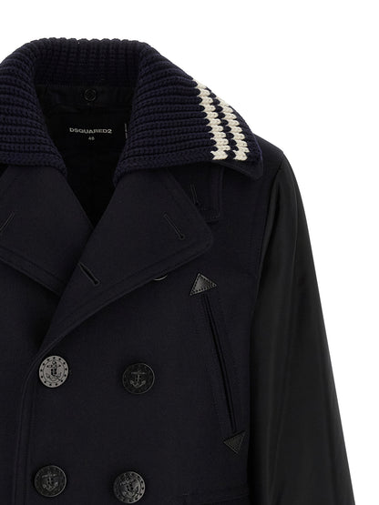 Pea Coat by Dsquared² for men in stretch nylon & wool blue features a captivating silhouette detailed with a captivating split lapel neckline and functional for a polished look.