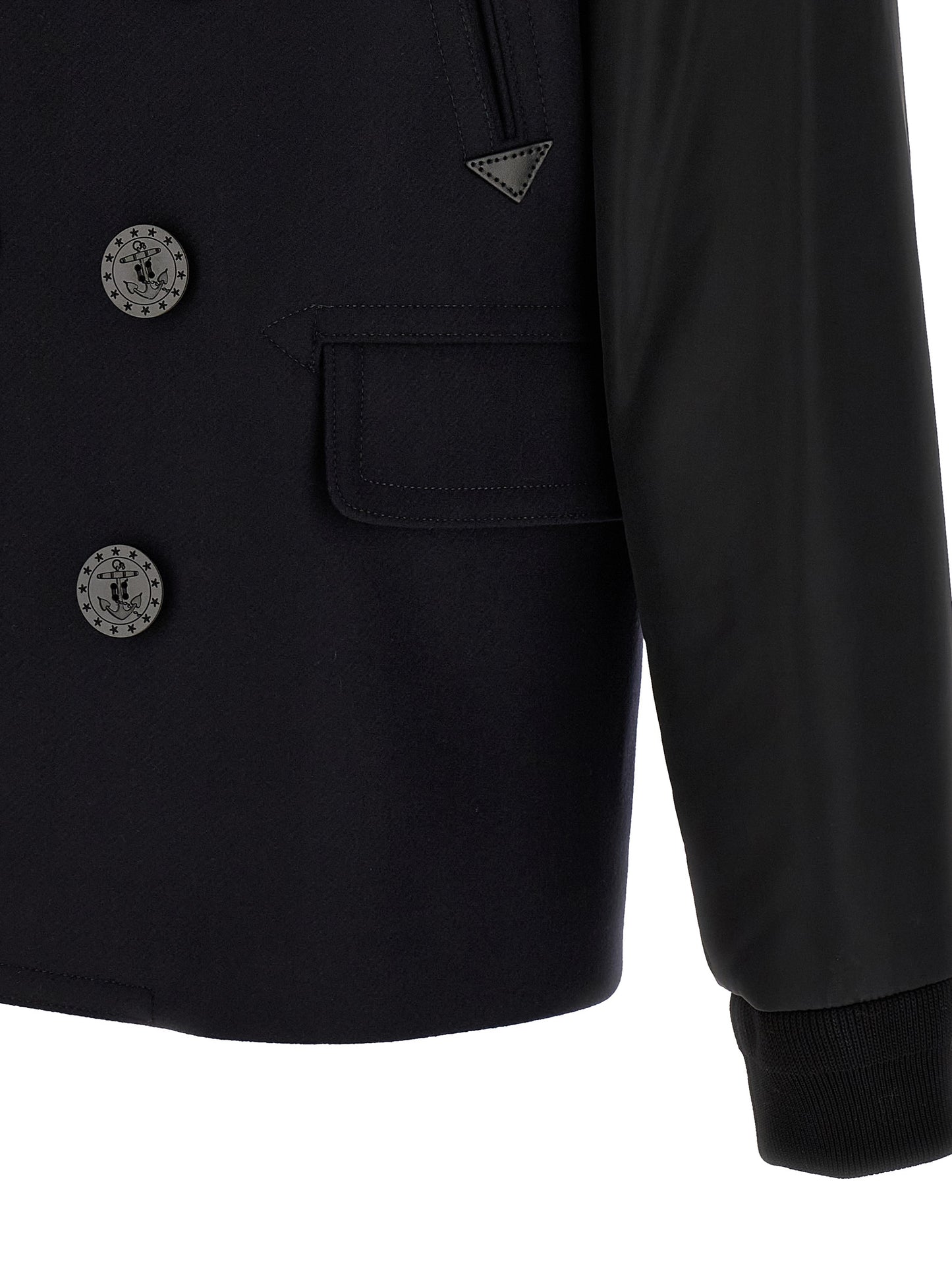 Pea Coat by Dsquared² for men in stretch nylon & wool blue features a nuanced silhouette, showcasing a sophisticated split lapel neckline and nuanced for a truly nuanced finish.