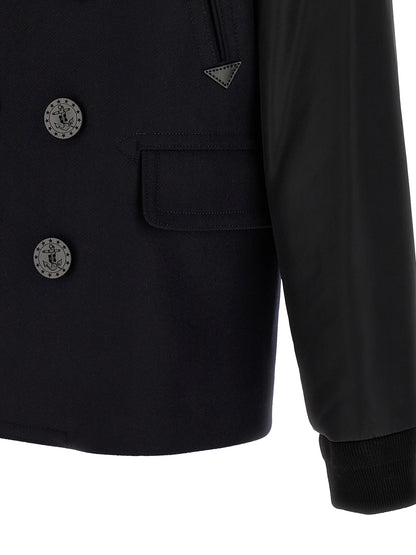 Pea Coat by Dsquared² for men in stretch nylon & wool blue features a nuanced silhouette, showcasing a sophisticated split lapel neckline and nuanced for a truly nuanced finish.