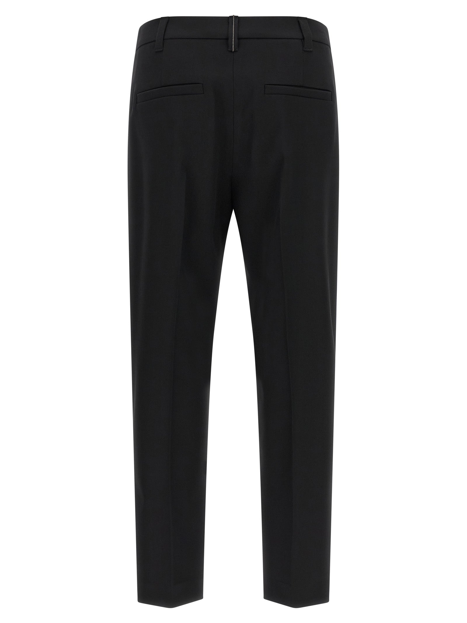 Trousers by Brunello Cucinelli for women in virgin wool black features an on trend silhouette, showcasing a sophisticated tapered-leg with a long and for an on trend finish.
