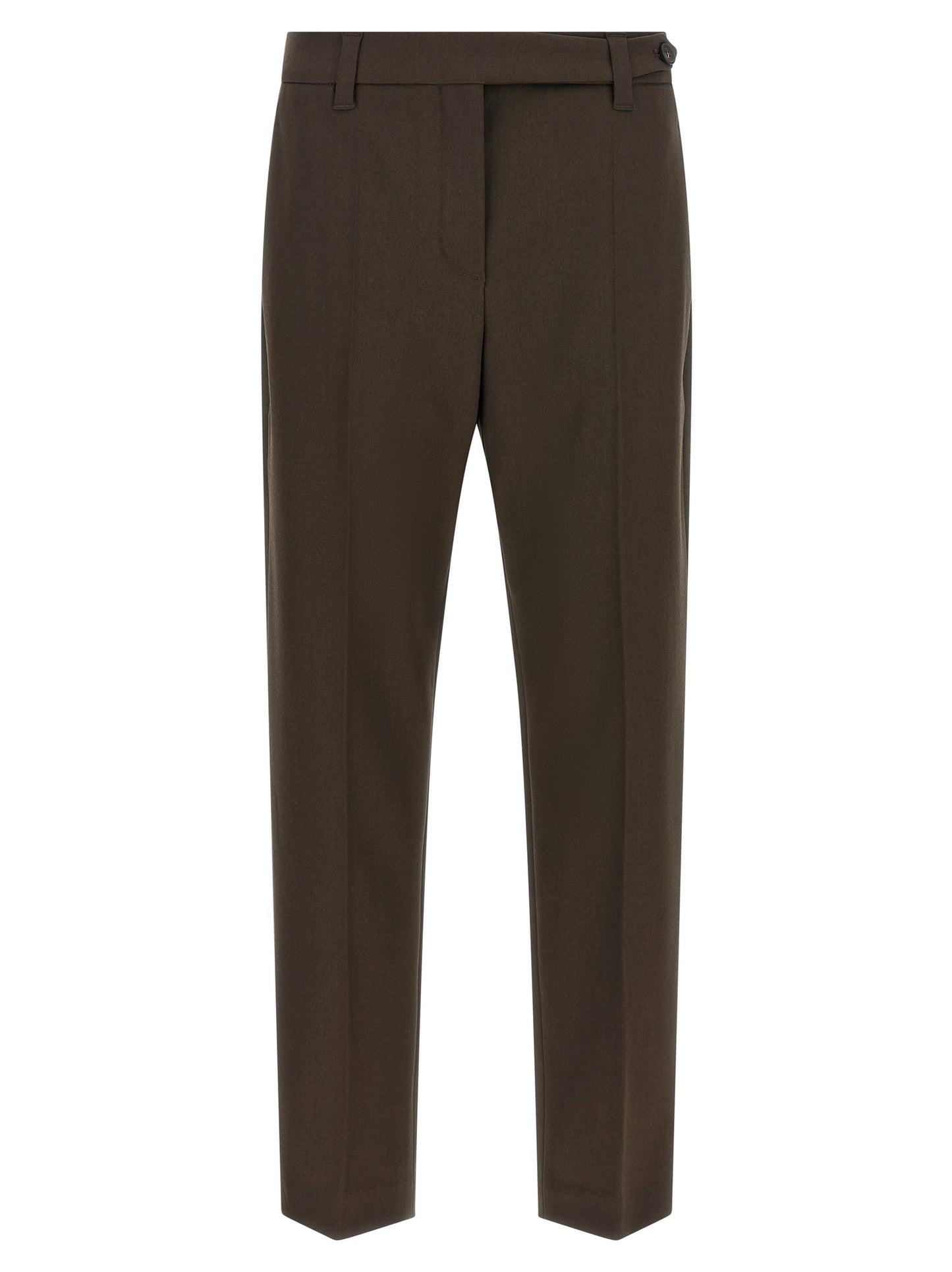 Trousers by Brunello Cucinelli for women in virgin wool brown features a sculptural silhouette, showcasing a sculptural tapered-leg and long with a sophisticated for a sculptural finish.