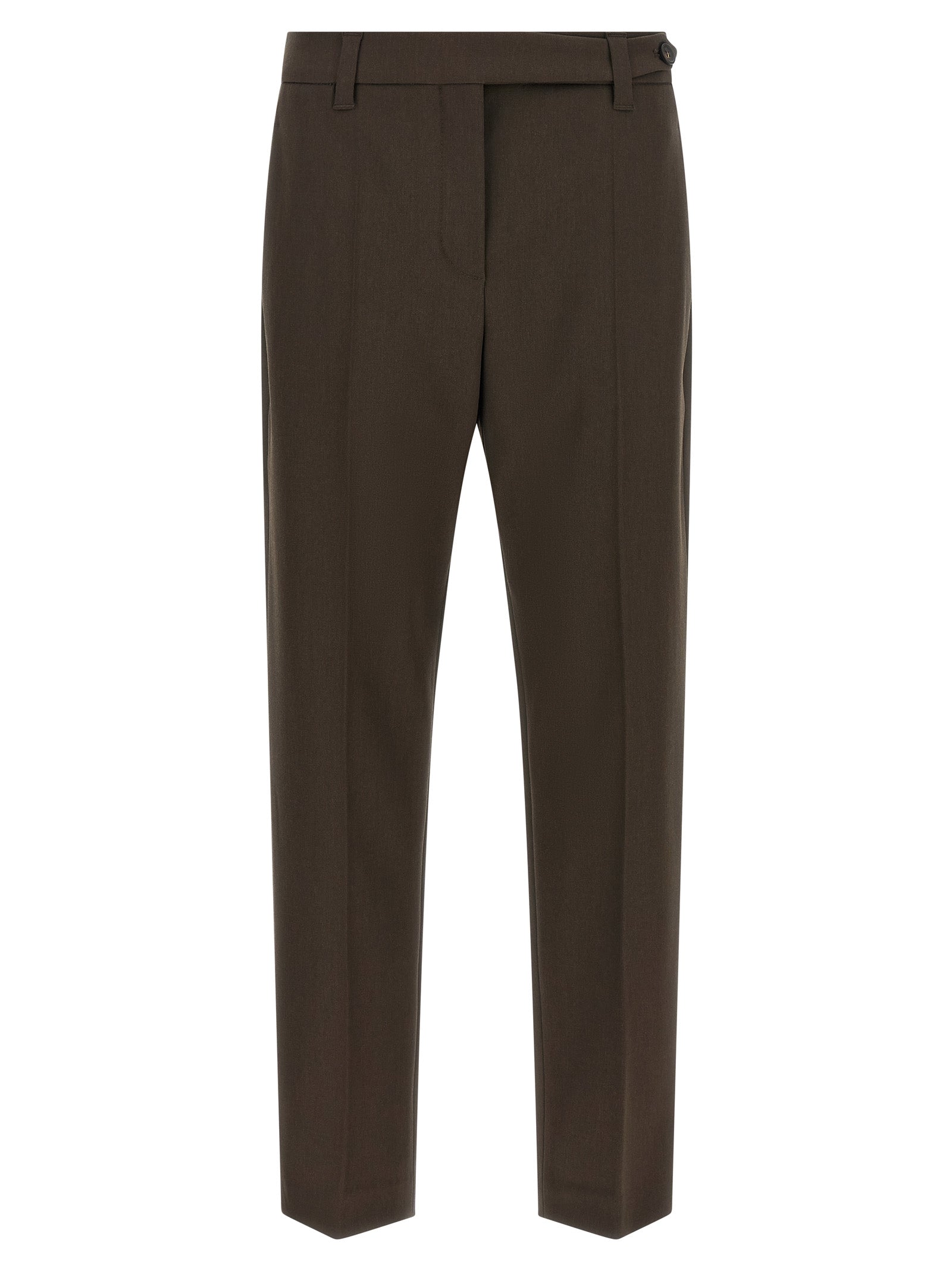 Trousers by Brunello Cucinelli for women in virgin wool brown features a sculptural silhouette, showcasing a sculptural tapered-leg and long with a sophisticated for a sculptural finish.