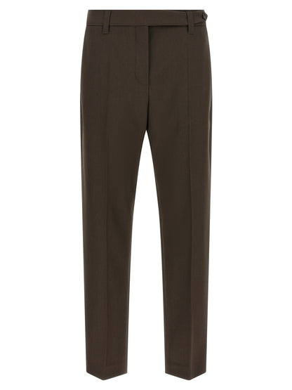 Trousers by Brunello Cucinelli for women in virgin wool brown features a sculptural silhouette, showcasing a sculptural tapered-leg and long with a sophisticated for a sculptural finish.