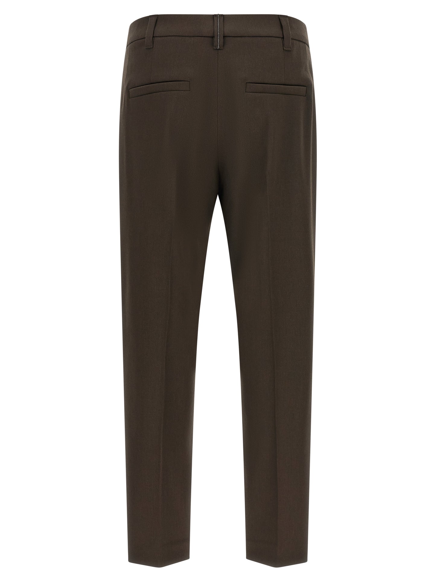 Trousers by Brunello Cucinelli for women in virgin wool brown features a tailored silhouette with a tailored tapered-leg, defined by its long and a sophisticated .