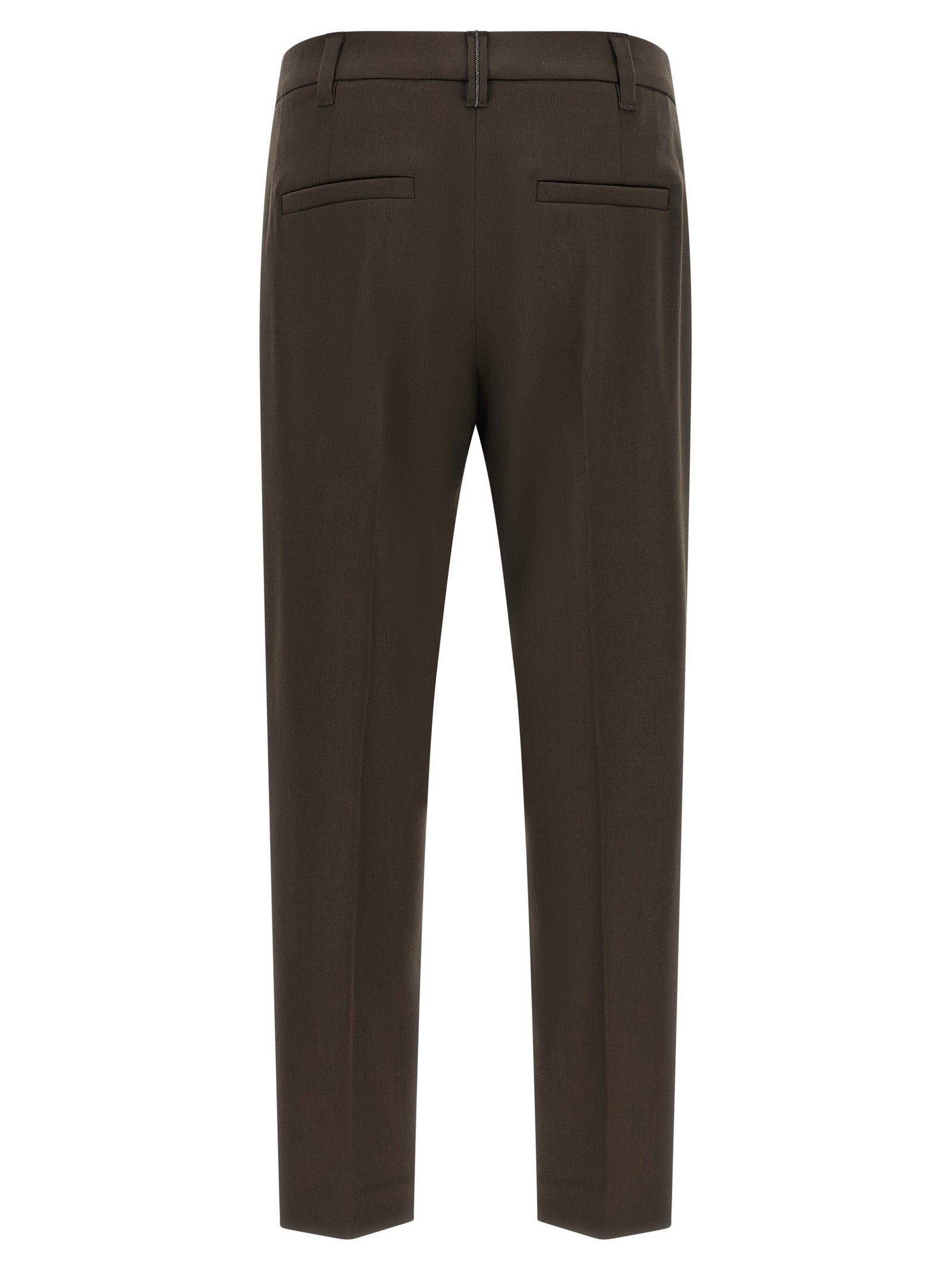 Trousers by Brunello Cucinelli for women in virgin wool brown features a tailored silhouette with a tailored tapered-leg, defined by its long and a sophisticated .