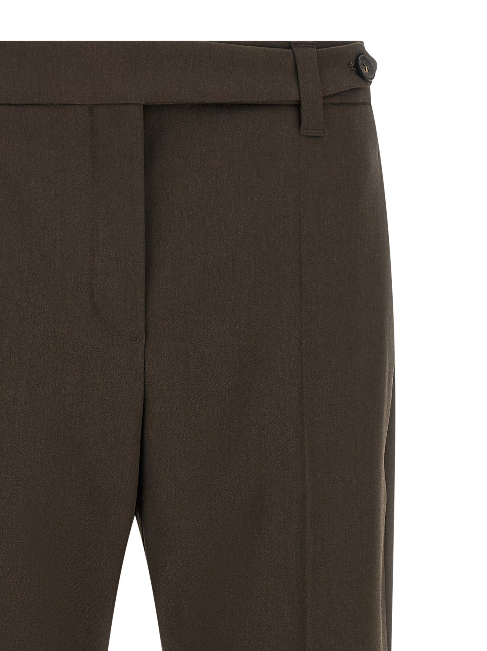 Trousers by Brunello Cucinelli for women in virgin wool brown presents a perennial silhouette, meticulously tailored with a tapered-leg cut, long finish, and an elegant .