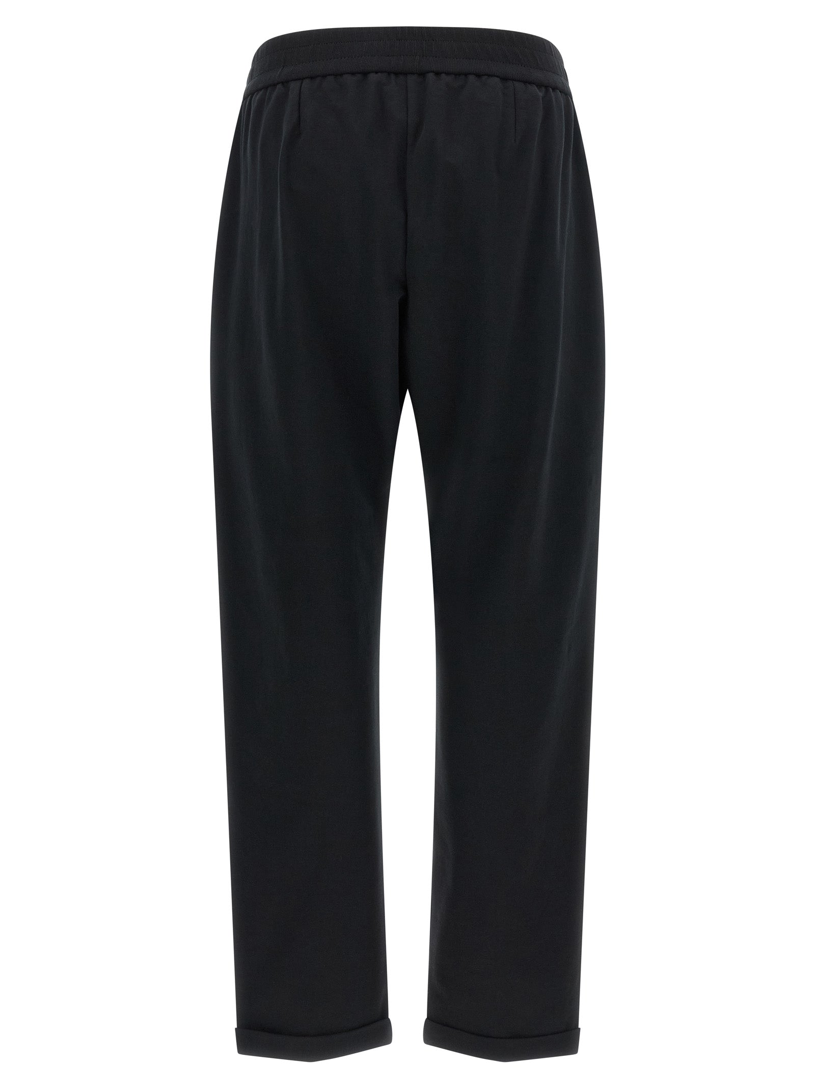 Joggers by Brunello Cucinelli for women in stretch cotton black presents a refined pantology silhouette, artfully defined by a refined pantology flared, relaxed-fit & cropped, cropped, and a sophisticated high rise.