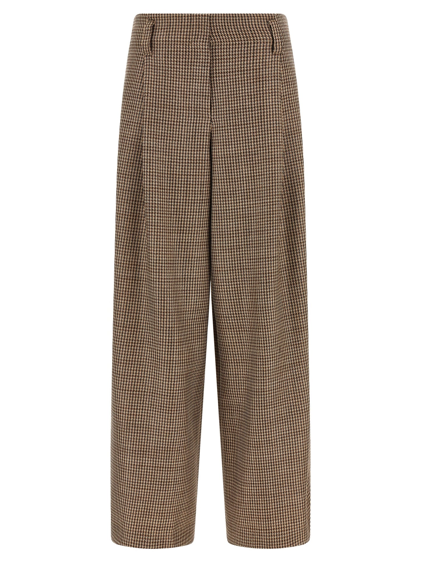 Trousers by Brunello Cucinelli for women in polyamide & virgin wool brown & patterned features a tailored silhouette with a tailored flared & wide, defined by its long and a sophisticated .