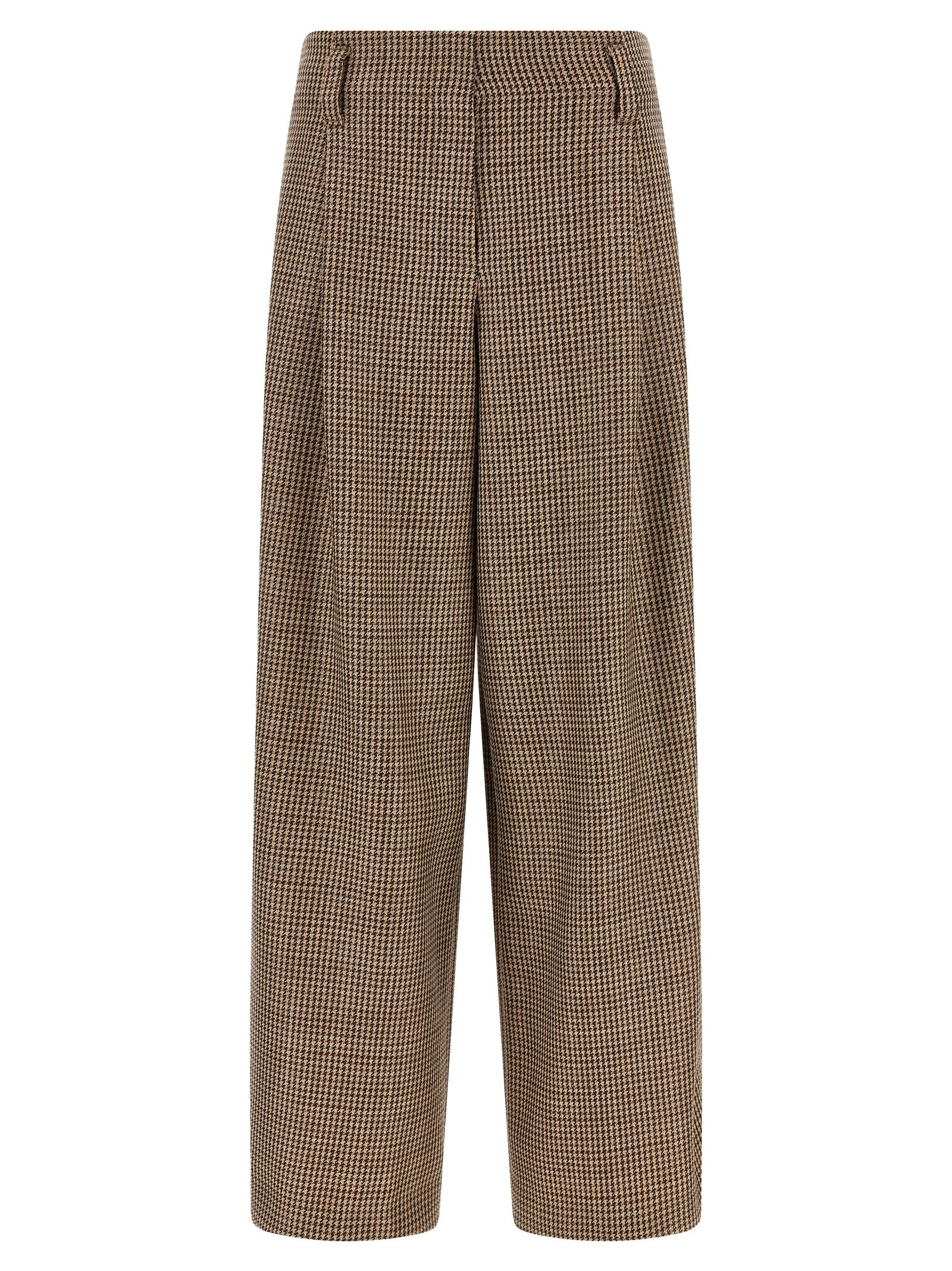 Trousers by Brunello Cucinelli for women in polyamide & virgin wool brown & patterned features a tailored silhouette with a tailored flared & wide, defined by its long and a sophisticated .