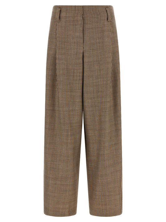 Trousers by Brunello Cucinelli for women in polyamide & virgin wool brown & patterned features a tailored silhouette with a tailored flared & wide, defined by its long and a sophisticated .