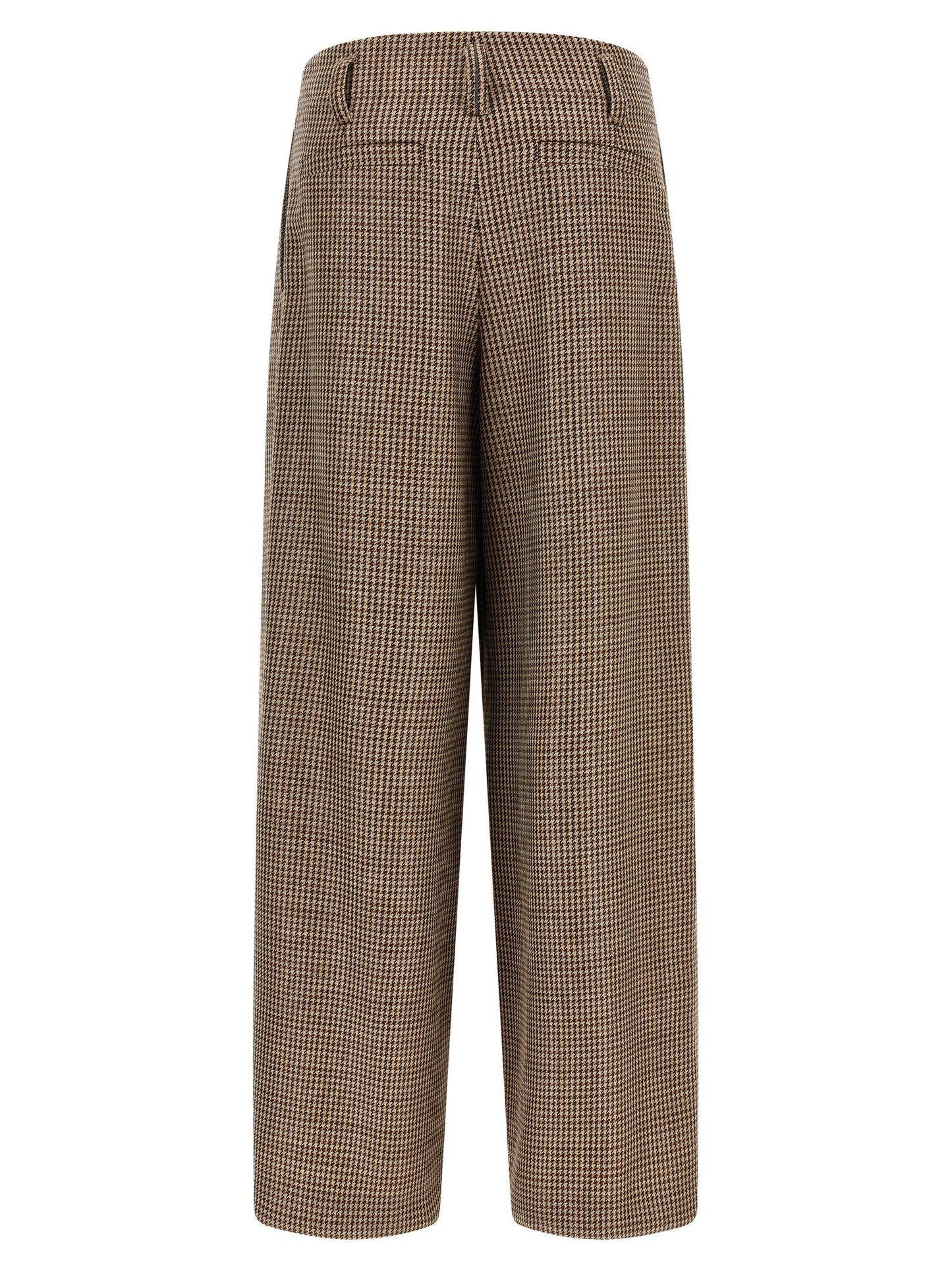 Trousers by Brunello Cucinelli for women in polyamide & virgin wool brown & patterned presents a perennial silhouette, meticulously tailored with a flared & wide cut, long finish, and an elegant .